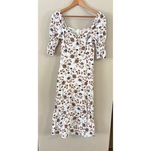 Audrey Parks Medium Cream Boho Floral Dress Sweetheart Neckline Linen Blend Midi